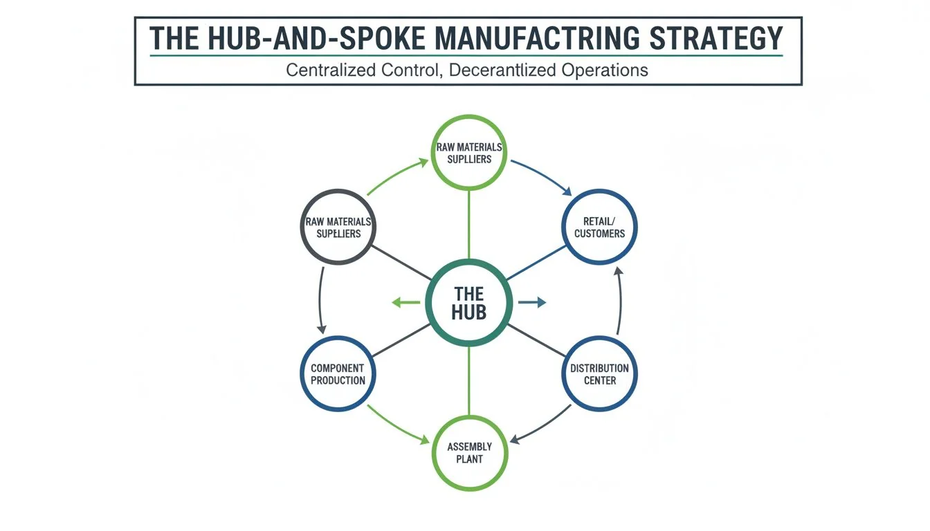 The Hub-and-Spoke Manufacturing Strategy A diagram showing a central hub connected to multiple spokes, representing the hub-and-spoke model