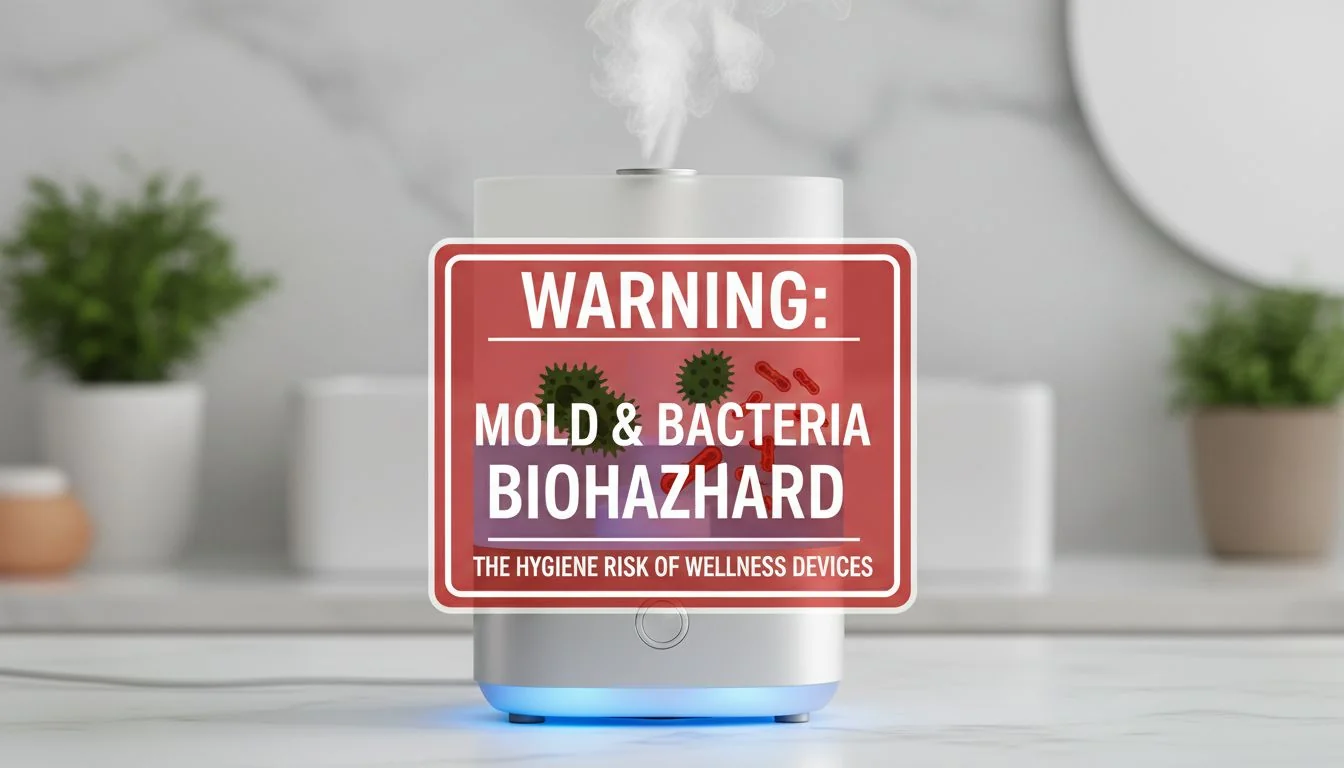 A picture of a beautiful, modern humidifier with a red warning sign over it showing mold and bacteria.