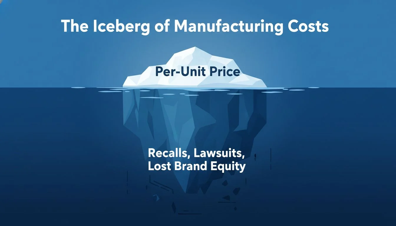 The Iceberg of Manufacturing Costs An iceberg illustration, with "Per-Unit Price" visible above the water and "Recalls, Lawsuits, Lost Brand Equity" hidden below.