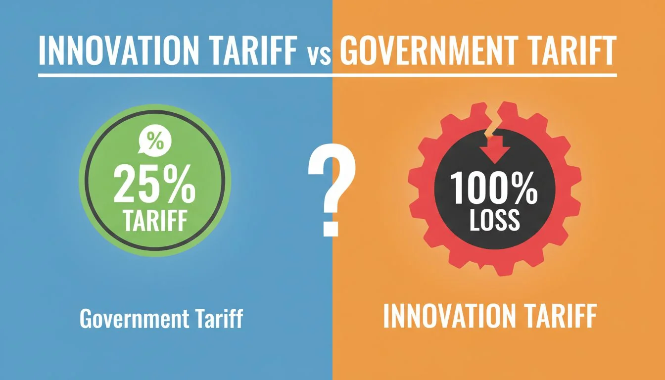 The Innovation Tariff vs Government Tariff Graphic showing a small 25% tariff icon next to a huge 100% loss 'Innovation Tariff' icon