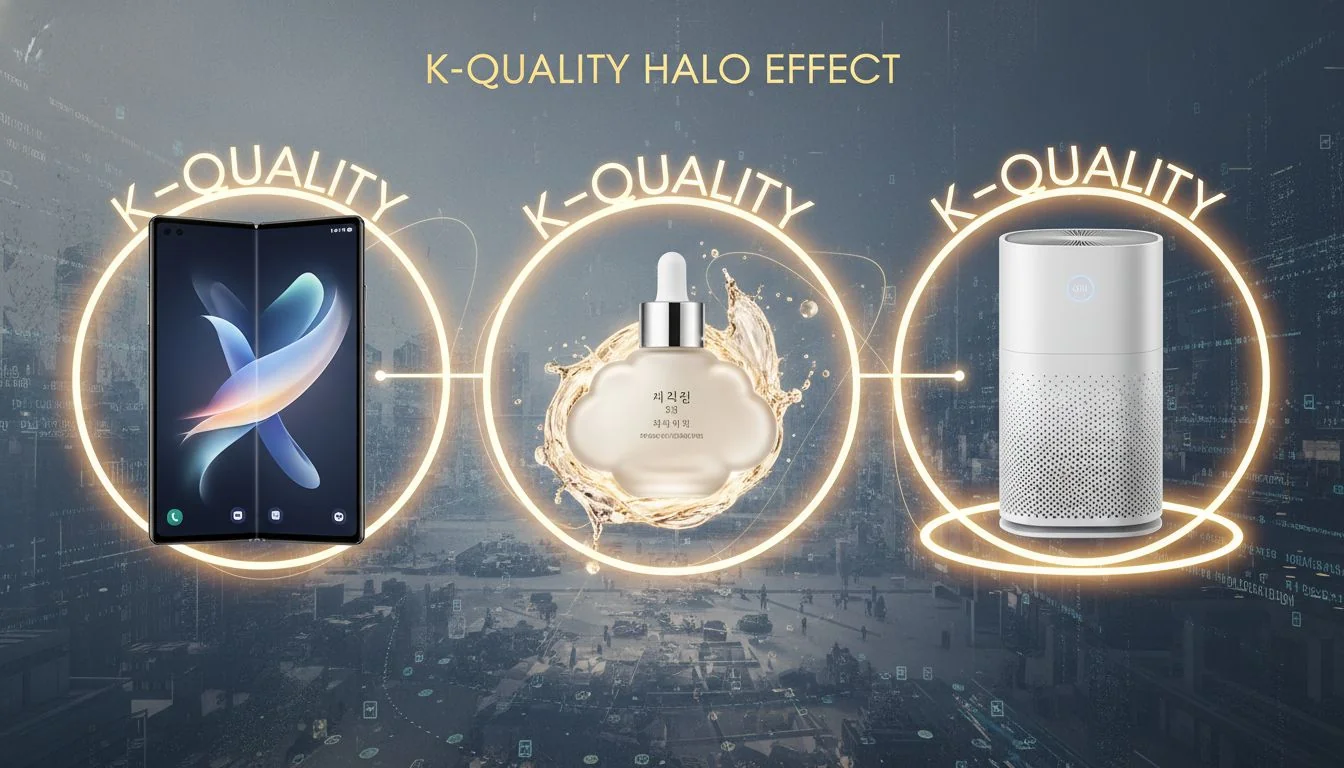 A collage of popular Korean products: a high-tech smartphone, a luxury skincare bottle, and a stylish home appliance.