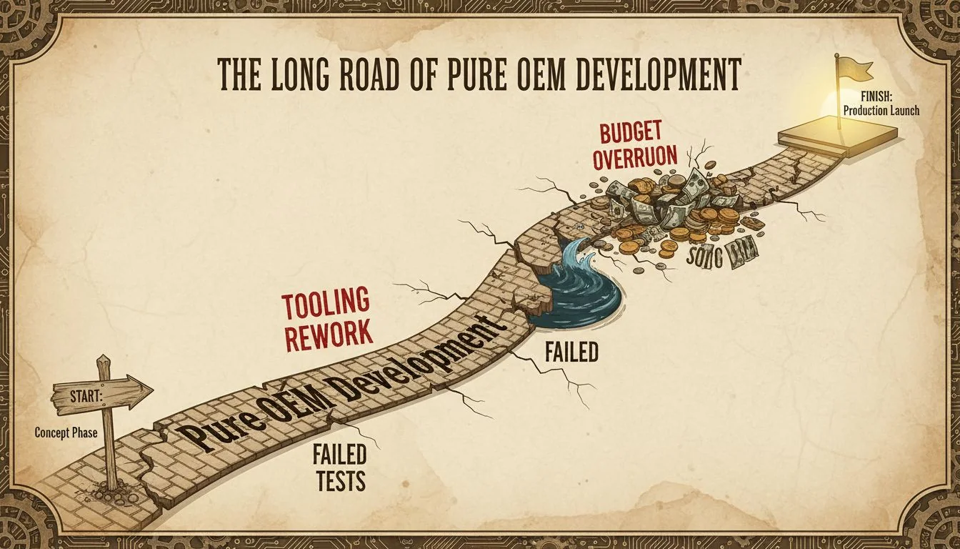 A timeline graphic showing a long and winding road labeled "Pure OEM" with pitfalls like "Tooling Rework," "Failed Tests," and "Budget Overrun."