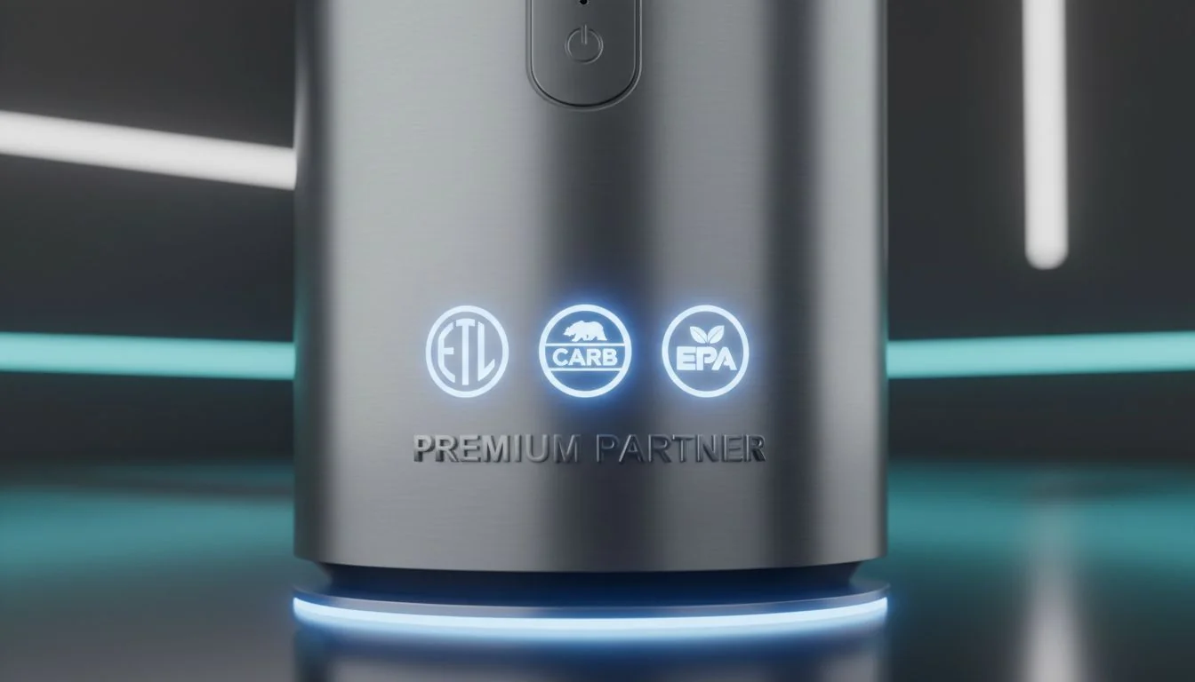 The Marks of a Premium Partner A close-up shot of a product with ETL, CARB, and EPA certification marks clearly visible and glowing slightly.