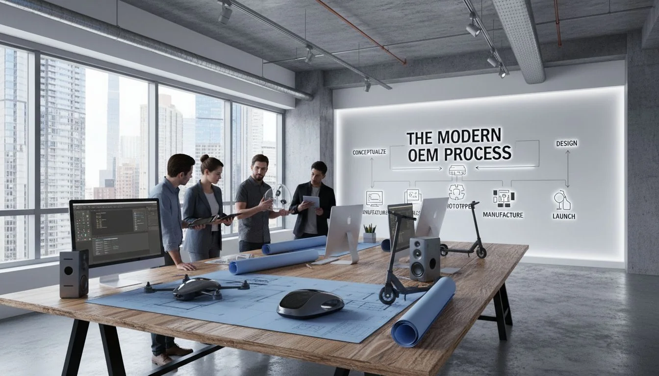 The Modern OEM Process A modern design studio with blueprints and product prototypes.