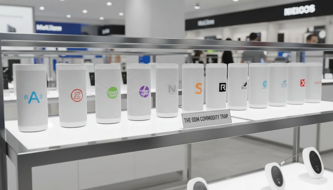 Several identical products with different brand logos on them, lined up on a shelf.