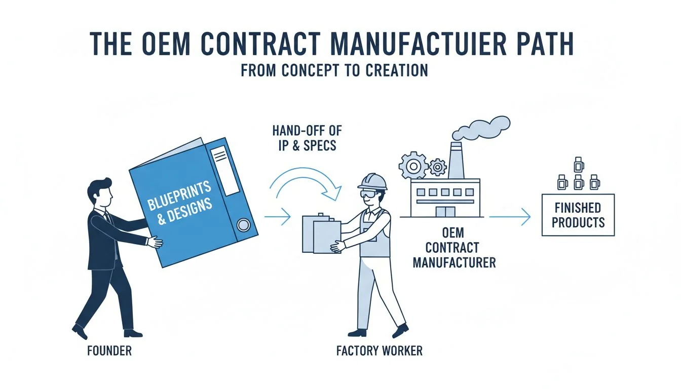 A diagram showing a founder handing a thick binder of blueprints to a factory worker.