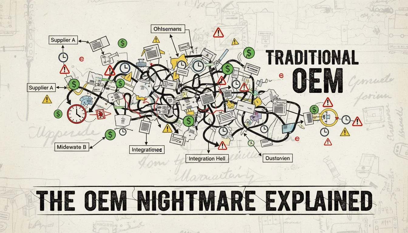 A flowchart showing a complex and messy path labeled 'Traditional OEM' with dollar signs, clocks, and warning symbols.