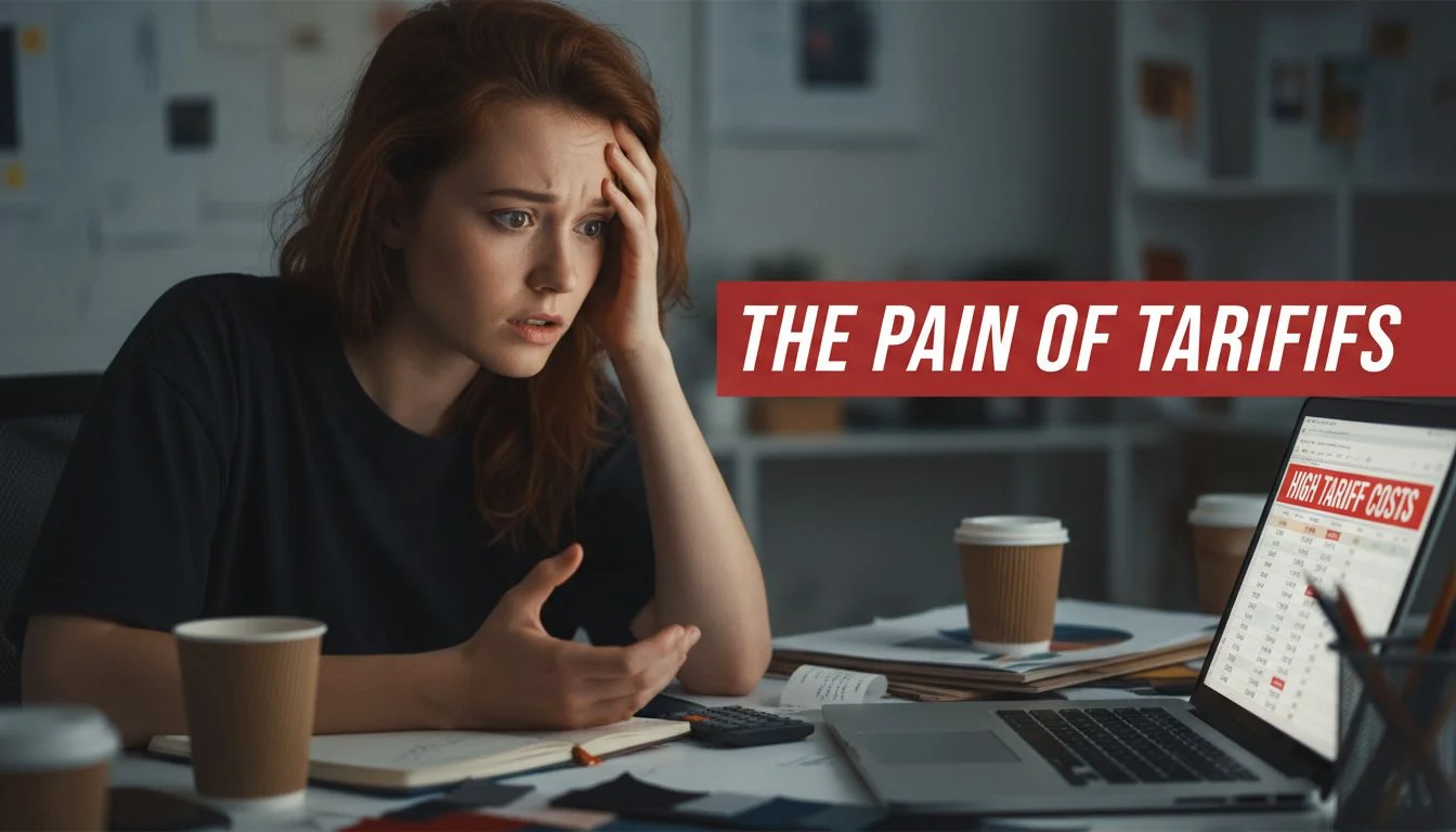 The Pain of Tariffs A designer looking stressed while reviewing a spreadsheet with high tariff costs