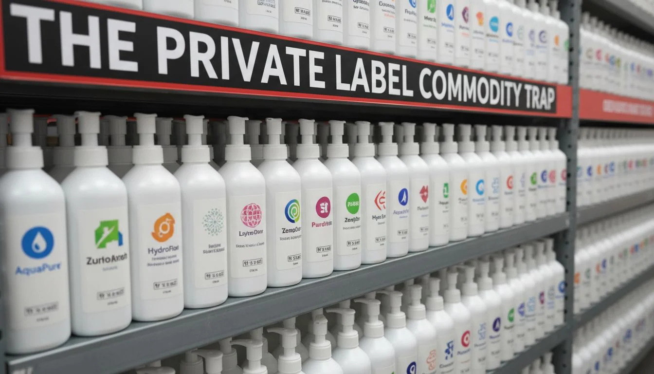 A shelf of identical products with different brand logos on them