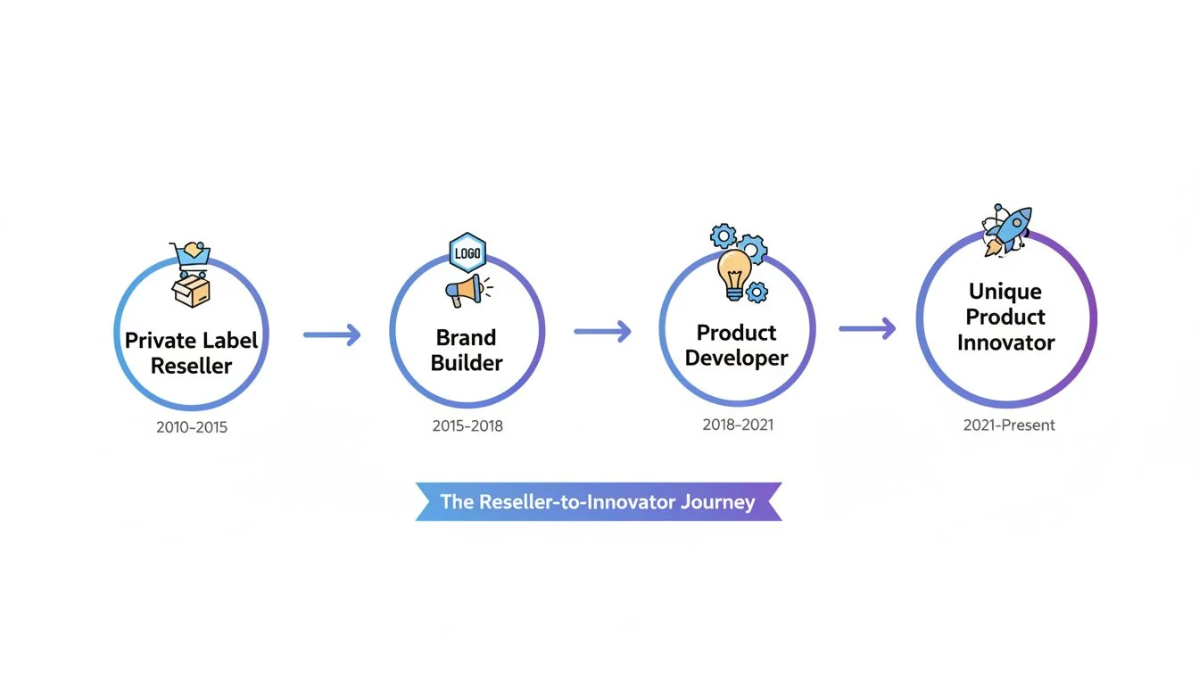 A timeline graphic showing the progression from 'Private Label Reseller' to 'Unique Product Innovator'.