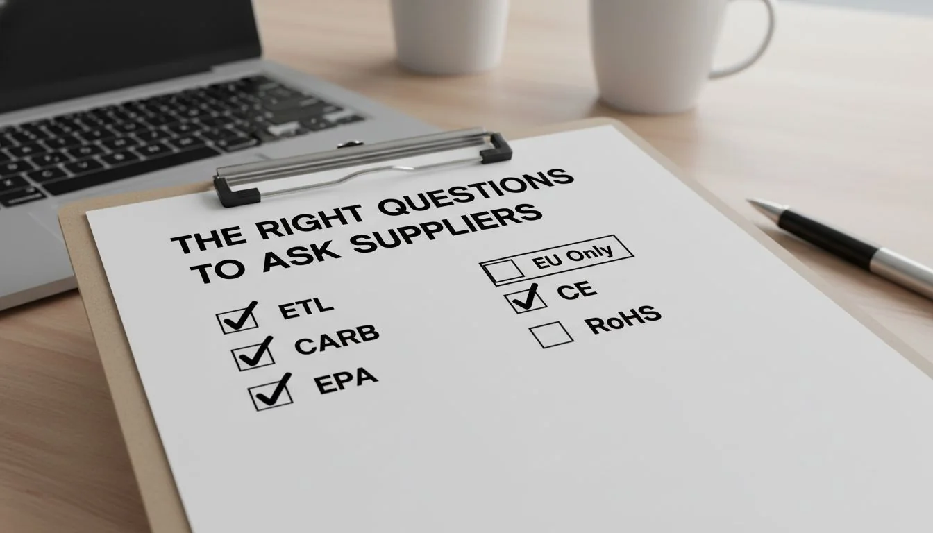 A checklist with ETL, CARB, and EPA checked off, while CE and RoHS are in a separate box labeled 'EU Only'.