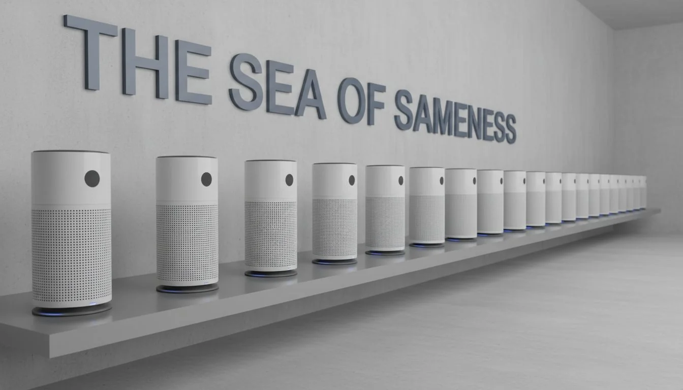 row of identical generic white air purifiers on a shelf