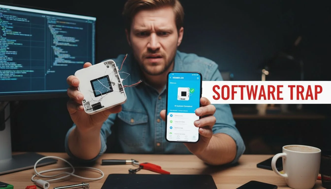 The Software Trap in Product Design A frustrated user looking at a broken plastic gadget while their phone shows a perfectly working app.