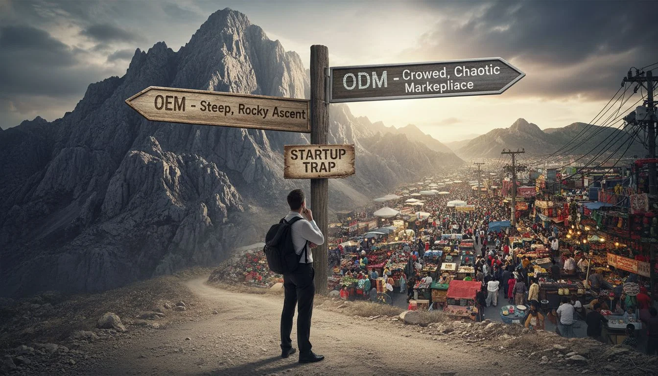 The startup trap of choosing between OEM and ODM An image of a person standing at a fork in the road, with one sign pointing to a steep, rocky mountain (OEM) and the other to a crowded, chaotic marketplace (ODM)