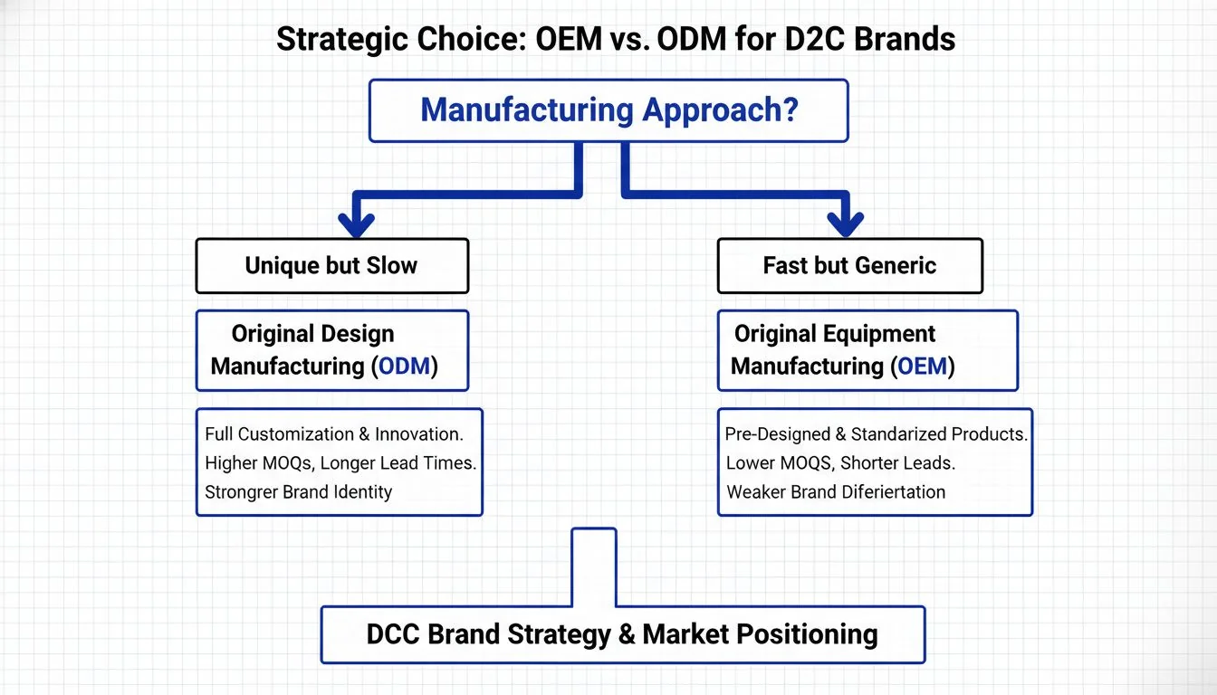 The strategic choice between OEM and ODM for D2C brands An image of a flowchart showing two paths, one labeled "Unique but Slow" and the other "Fast but Generic"