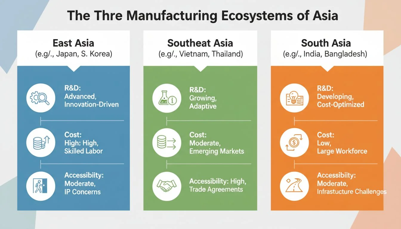 An infographic with three columns, one for each Asian ecosystem, with icons representing R&D, cost, and accessibility