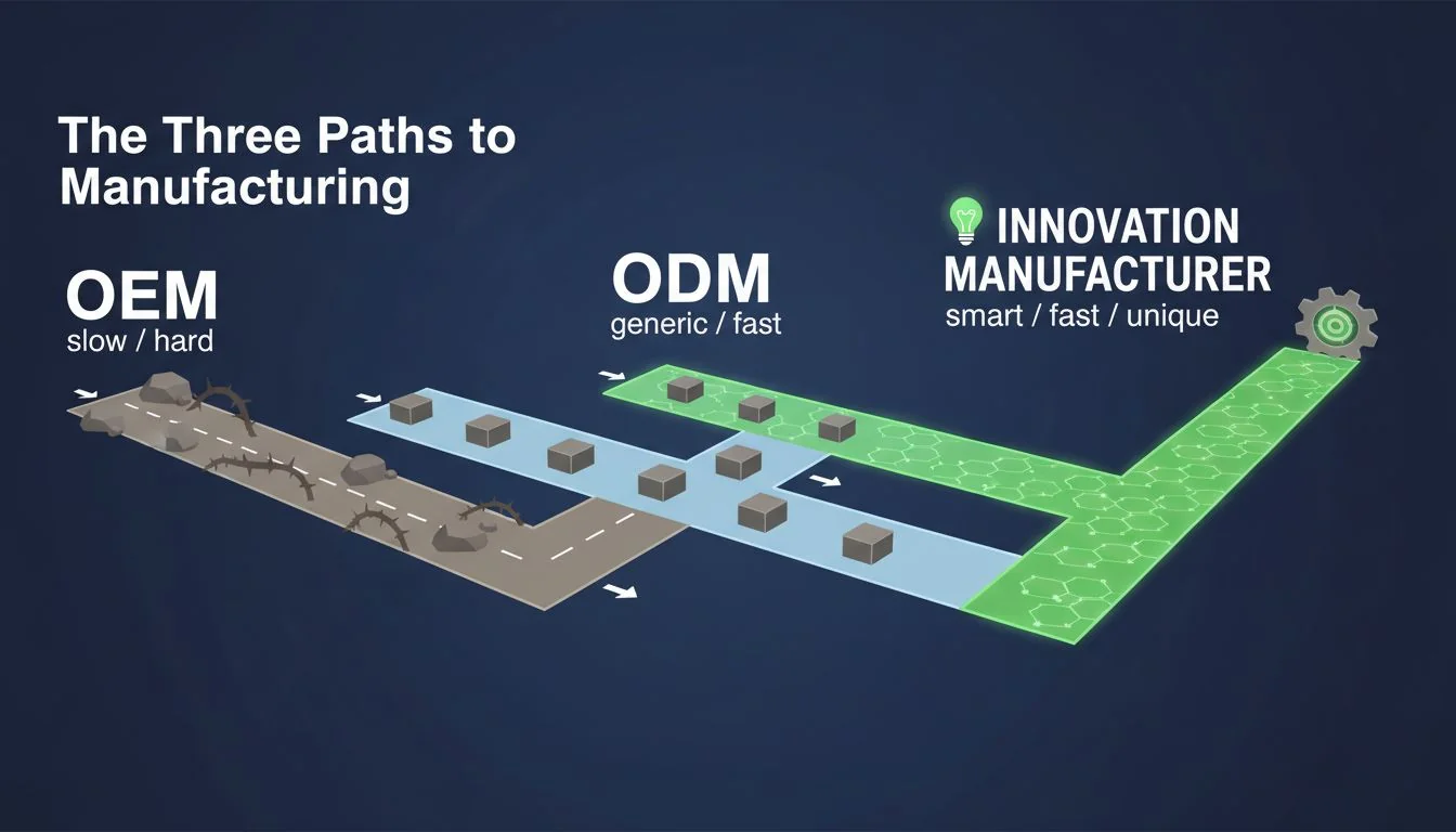 A graphic showing the three paths: OEM (slow/hard), ODM (generic/fast), and Innovation Manufacturer (smart/fast/unique).