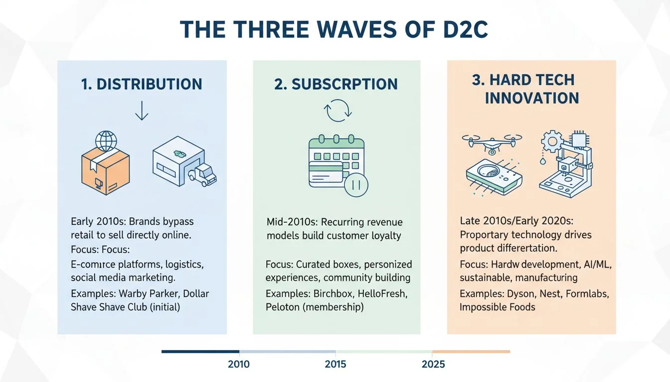 The Three Waves of D2C An infographic comparing the three waves of D2C: Distribution, Subscription, and Hard Tech Innovation.
