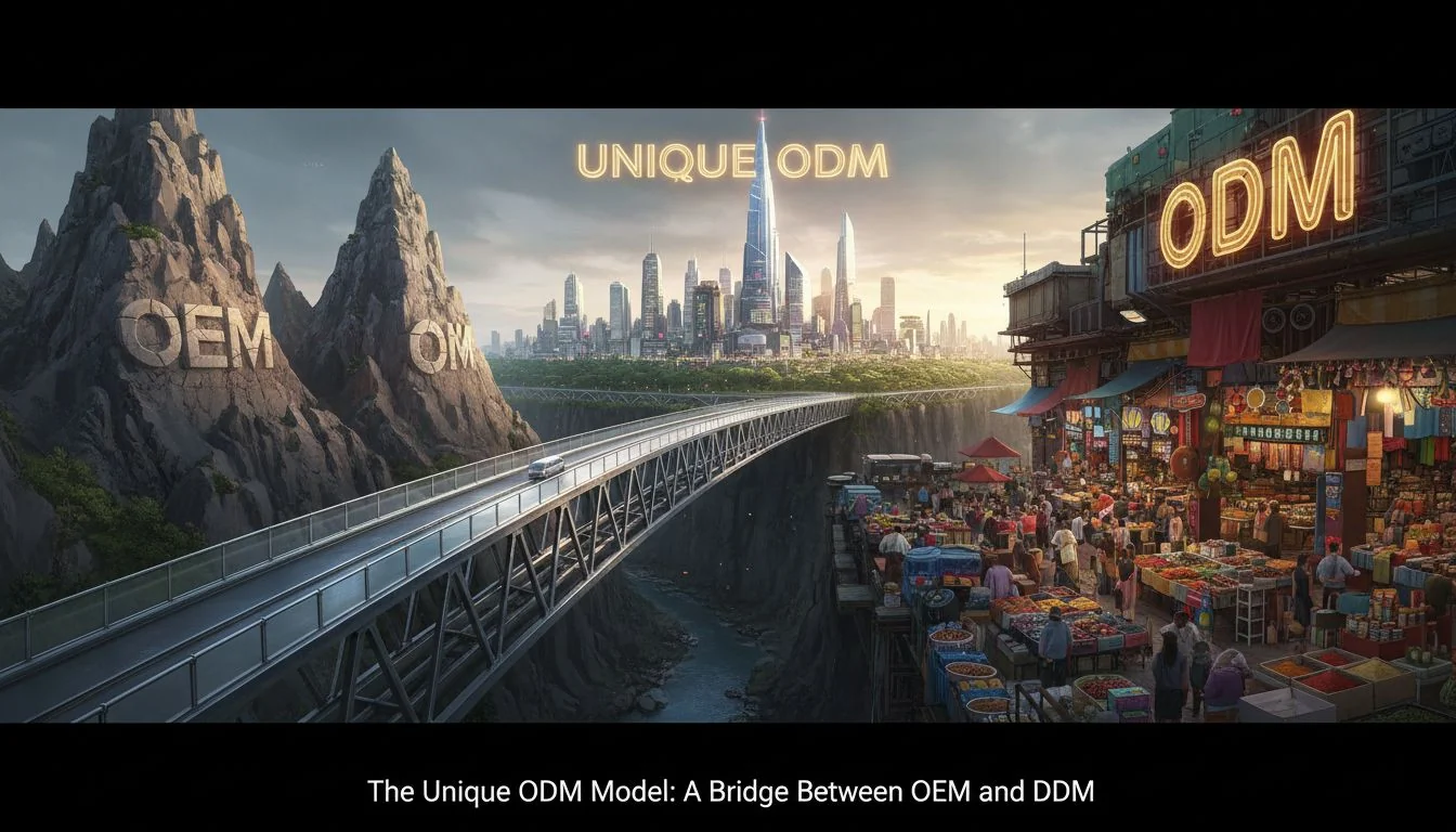 The Unique ODM model as a bridge between OEM and ODM An image of a bridge connecting the rocky mountain (OEM) and the crowded marketplace (ODM), leading to a new, prosperous city labeled "Unique ODM"