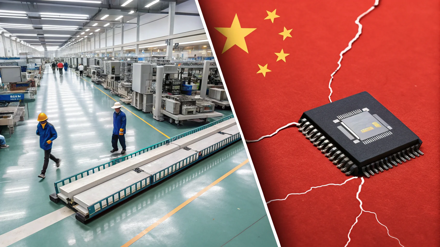 A split image showing a microchip on one side and a factory assembly line on the other, with a crack down the middle.