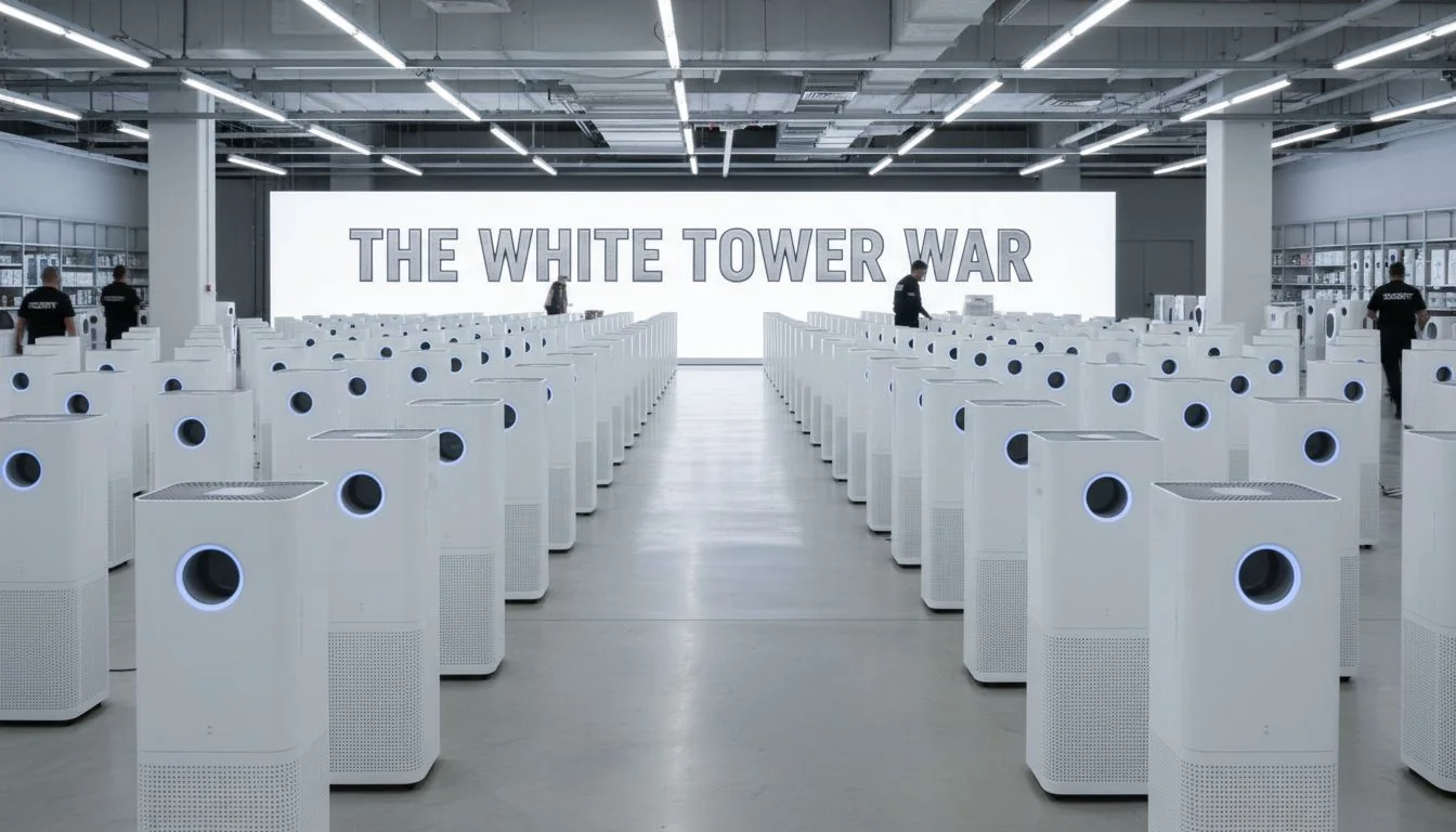 The White Tower War rows of identical white air purifiers in a store