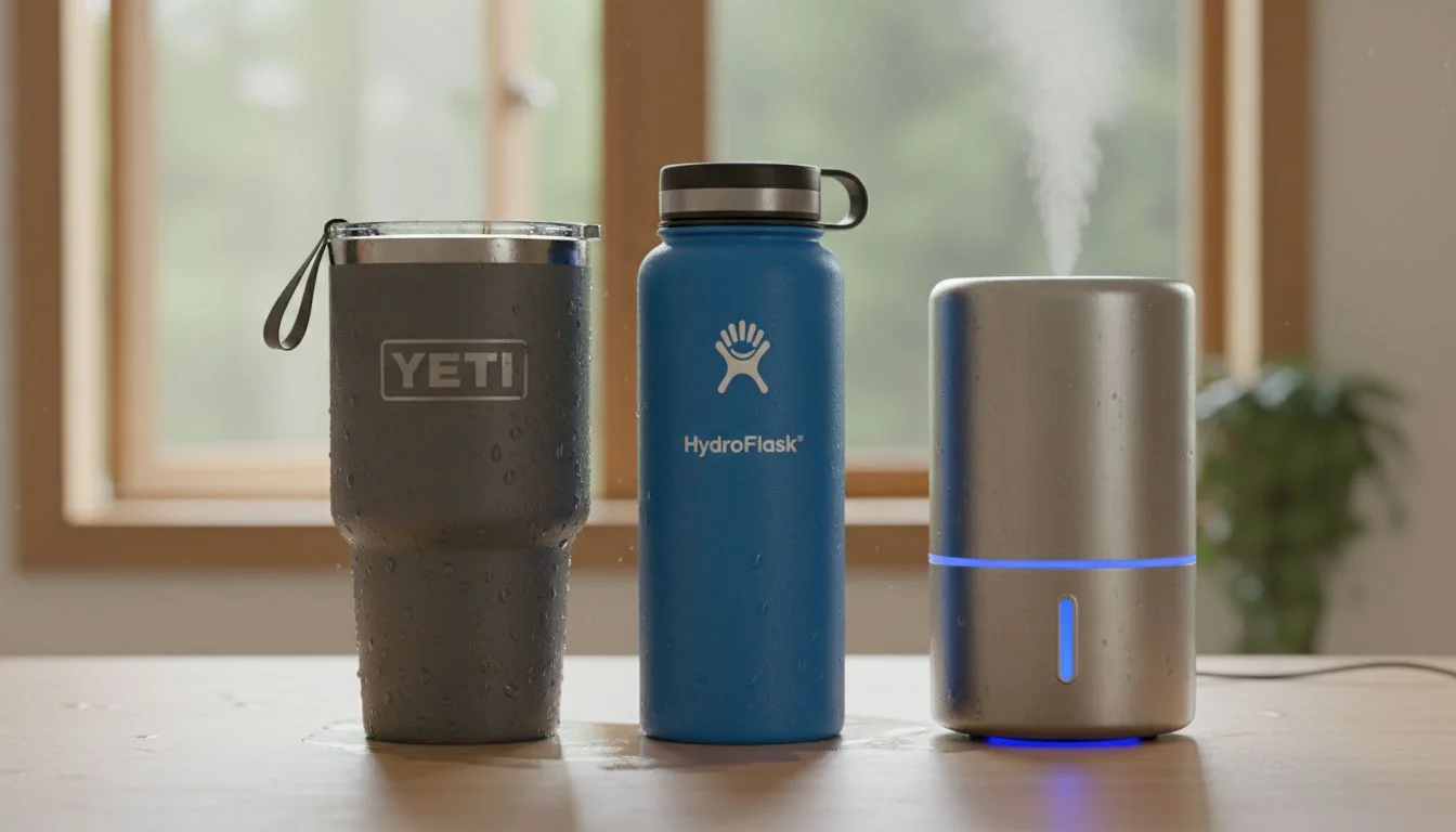The Yeti and HydroFlask Effect A Yeti tumbler, a HydroFlask bottle, and a sleek stainless steel humidifier side-by-side.
