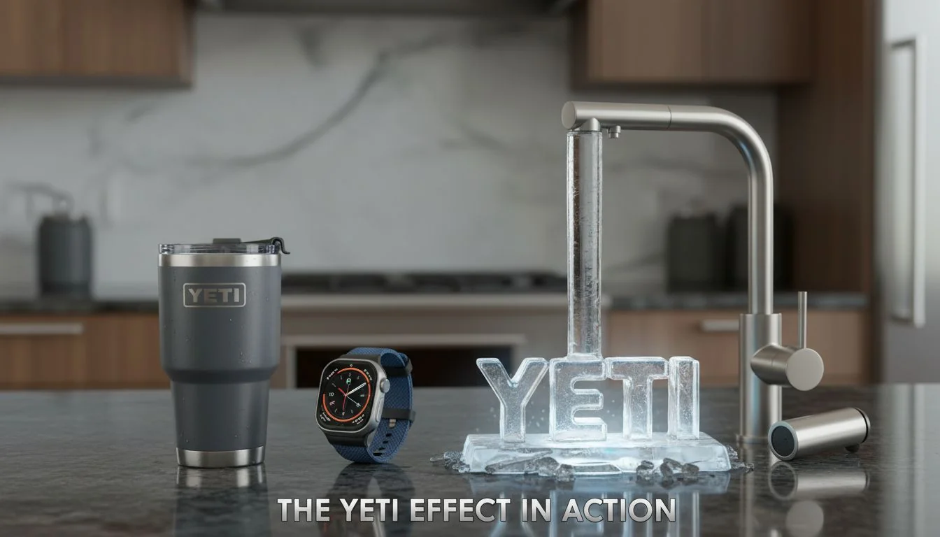 The Yeti Effect in Action A collection of premium products: a Yeti tumbler, an Apple Watch, and a high-end stainless steel kitchen faucet.