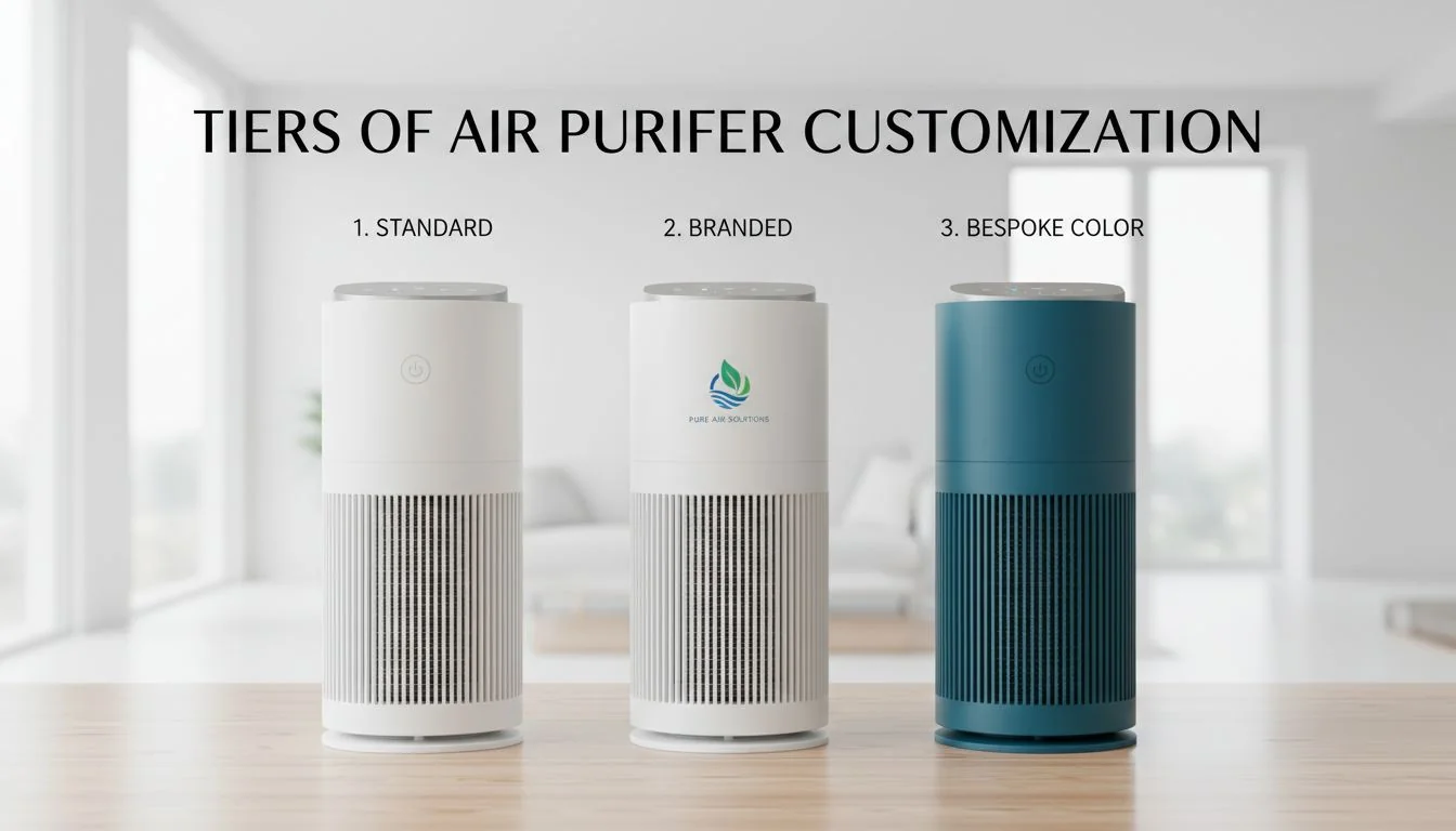 Three air purifiers side-by-side, one standard, one with a custom logo, and one in a unique custom color.