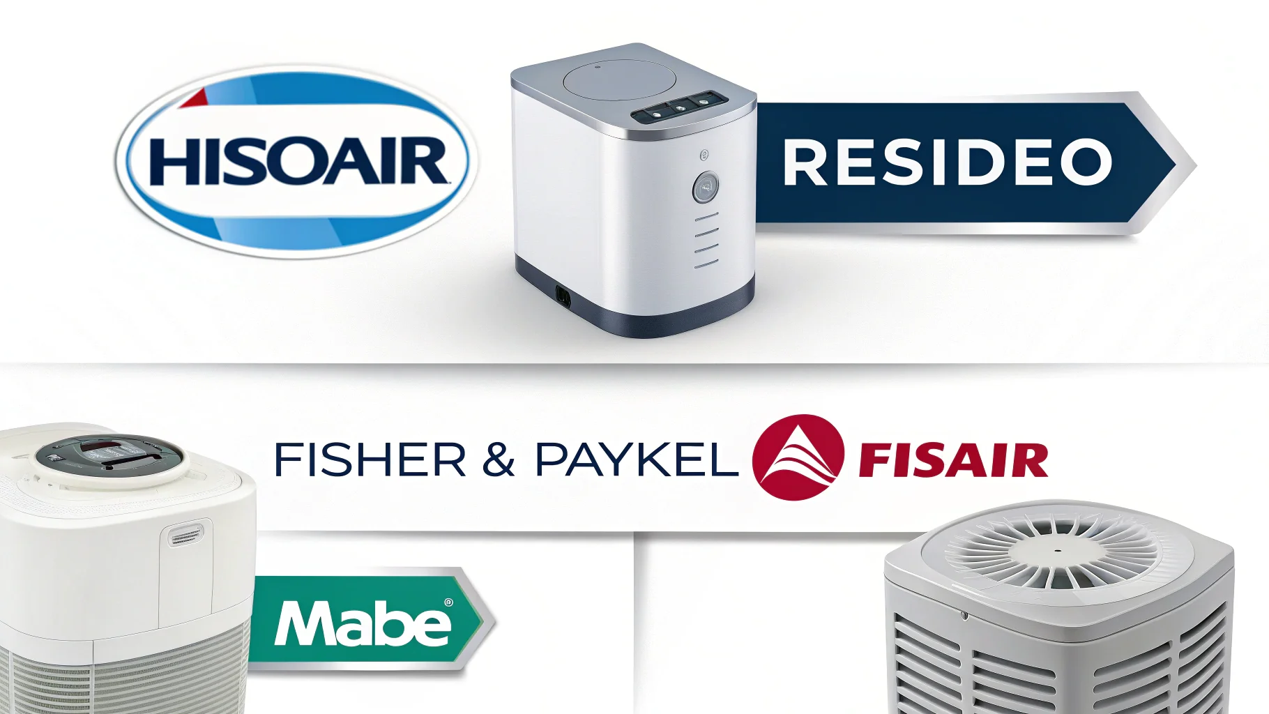 A collage of the 5 company logos: HisoAir, Resideo, Fisher & Paykel, Fisair, and Mabe.