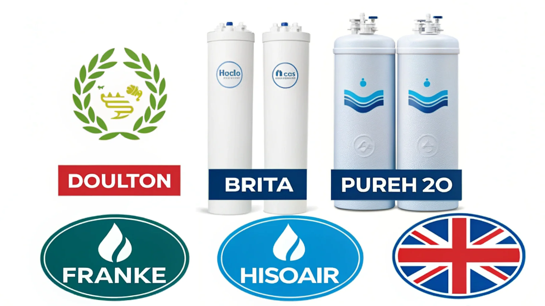 A collage of the five brand logos: Doulton, Brita, PureH2O, Franke, and HisoAir