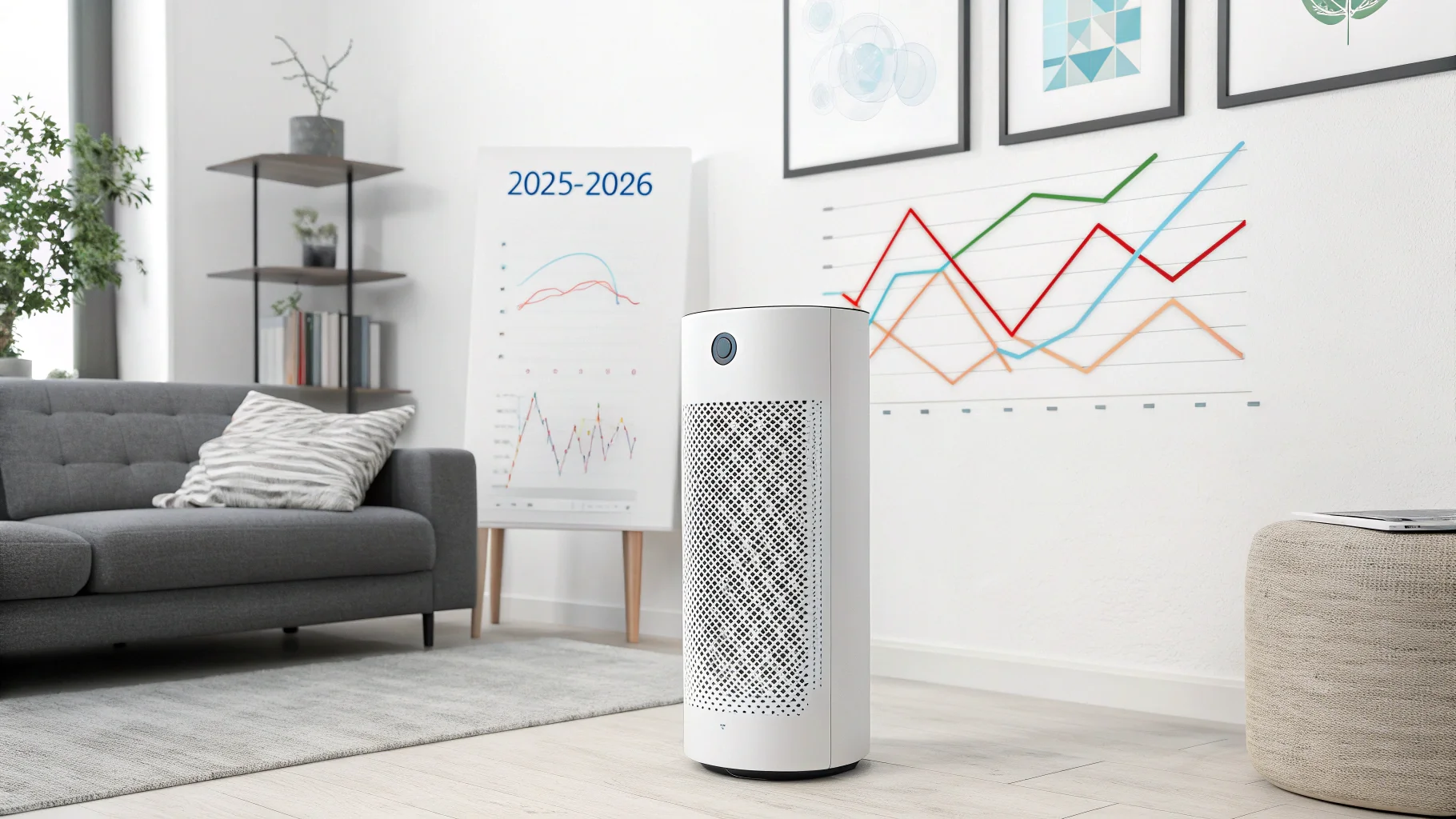A modern living room with a sleek air purifier and charts in the background showing rising air quality trends.