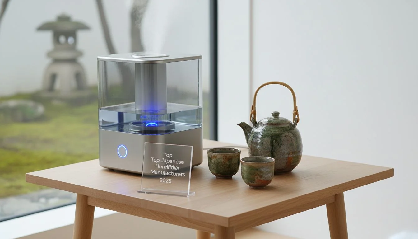 A sleek, modern stainless steel humidifier next to a traditional Japanese ceramic tea set on a minimalist wooden table.