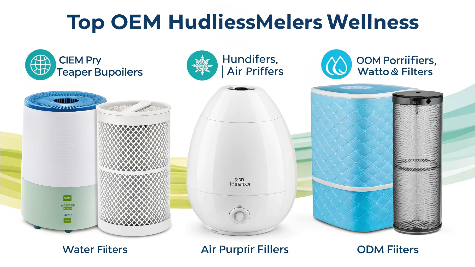 A collage of different wellness products like humidifiers, air purifiers, and water filters