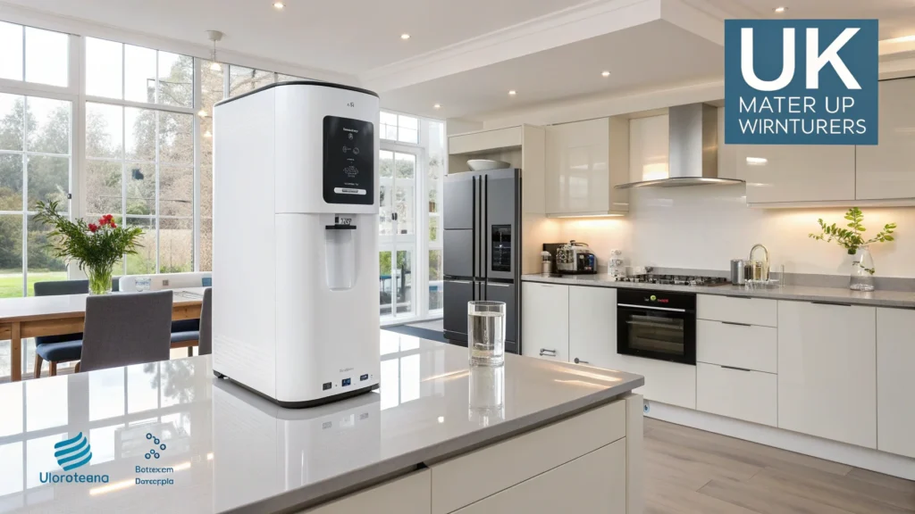 A modern kitchen in the UK with a sleek water purifier on the counter