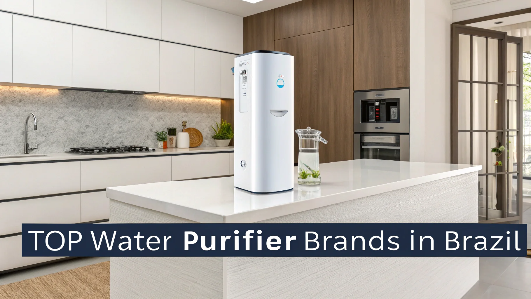 A modern kitchen with a sleek water purifier on the counter