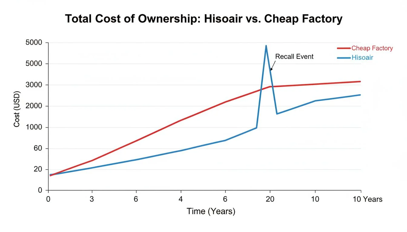 Total Cost of Ownership: Hisoair vs. Cheap Factory A graph showing two lines: a "Cheap Factory" line with low initial cost but a huge spike for a "Recall Event," and a "Hisoair" line with a slightly higher but stable cost over time.