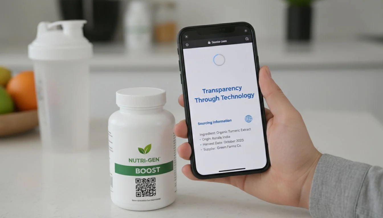 A smartphone scanning a QR code on a supplement bottle, leading to a webpage with sourcing information