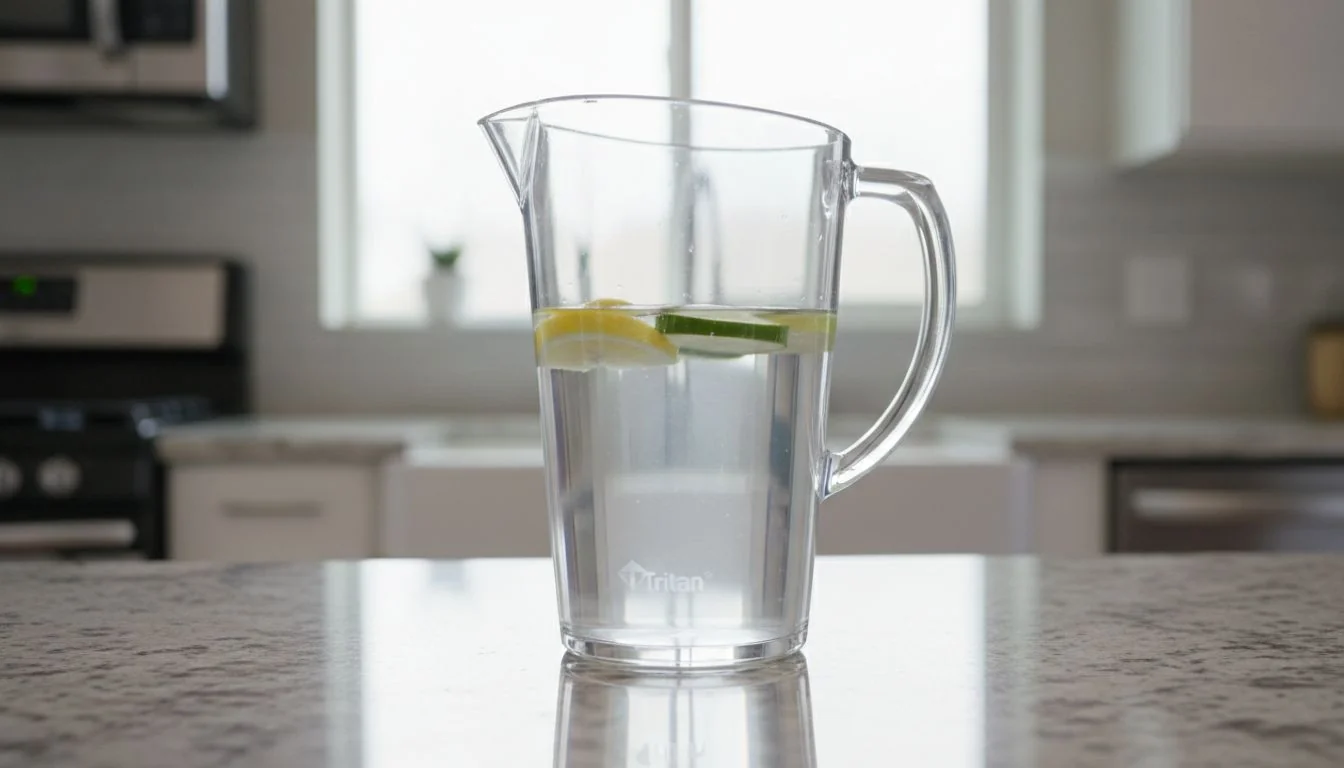 Tritan Plastic Water Pitcher A clear, modern water pitcher made from Tritan plastic, showing its glass-like clarity