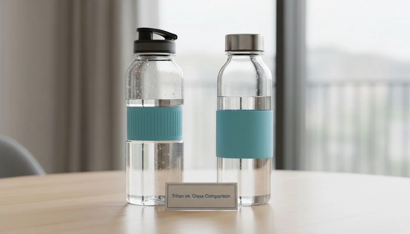 Clear Tritan water bottle next to glass