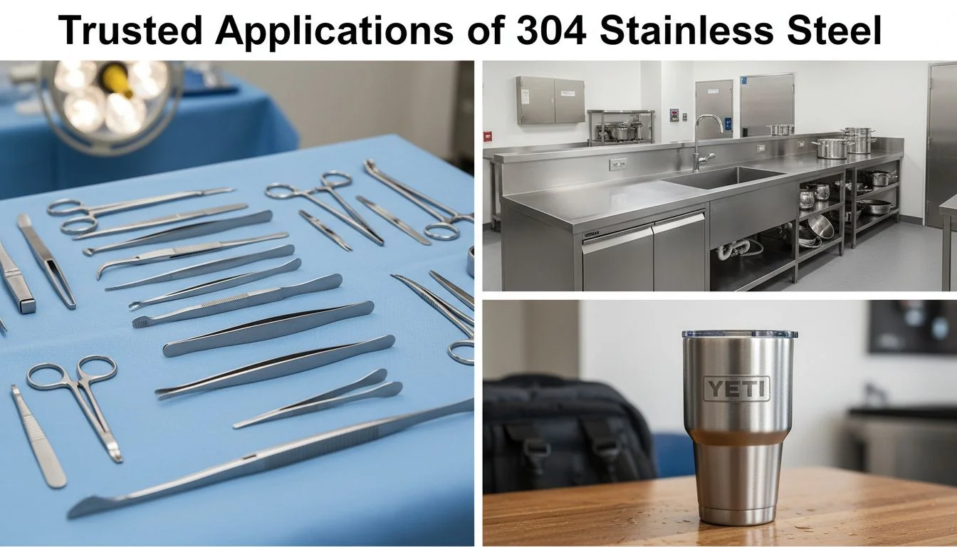 A collage of trusted items made from 304 stainless steel: surgical tools, a commercial kitchen counter, and a Yeti tumbler.
