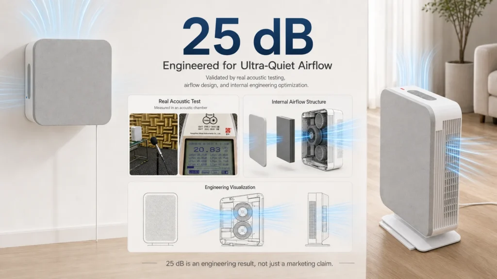Air purifier emphasizing ultra-quiet operation at 25 dB, featuring internal airflow structure, acoustic testing, and engineering visuals.