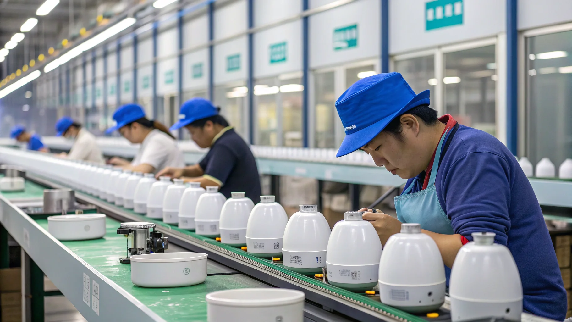 Factory workers assembling ultrasonic humidifiers on a production line