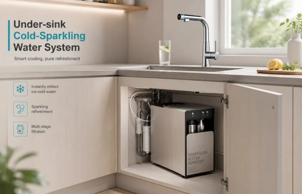 Modern kitchen with an under-sink cold sparkling water purifier system installed. Faucet and glass of water with lemon visibly placed.