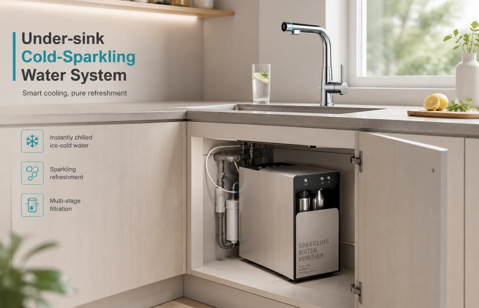 Under-sink cold and sparkling water system installed inside a kitchen cabinet