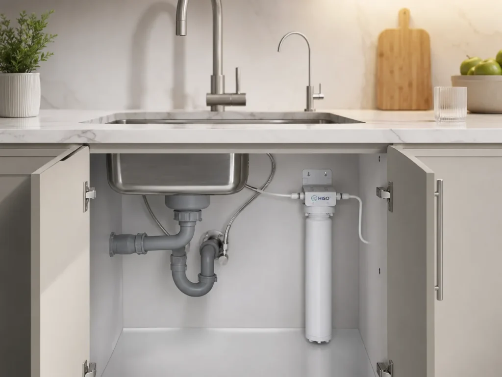 Neatly plumbed under-sink water filter system with quick-change twist-lock cartridges inside kitchen cabinet