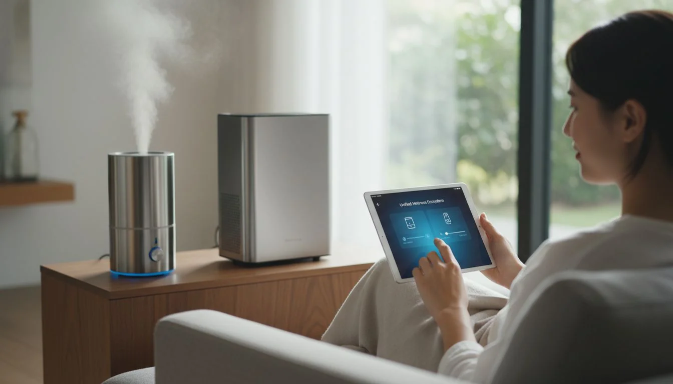 Unified Wellness Ecosystem App A lifestyle photo of a person using a single app to control both a stainless steel humidifier and a matching air purifier.