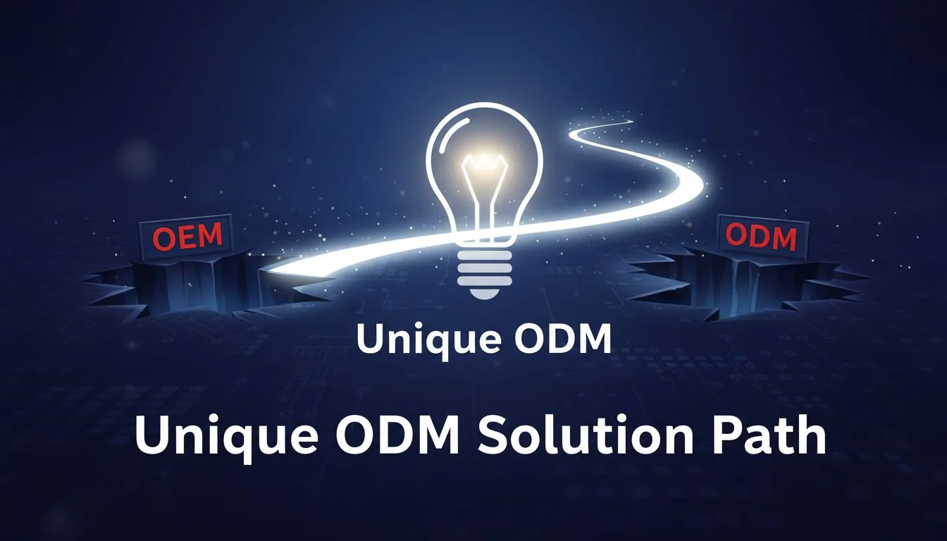 A lightbulb icon labeled 'Unique ODM' shining a path between the 'OEM' and 'ODM' traps.