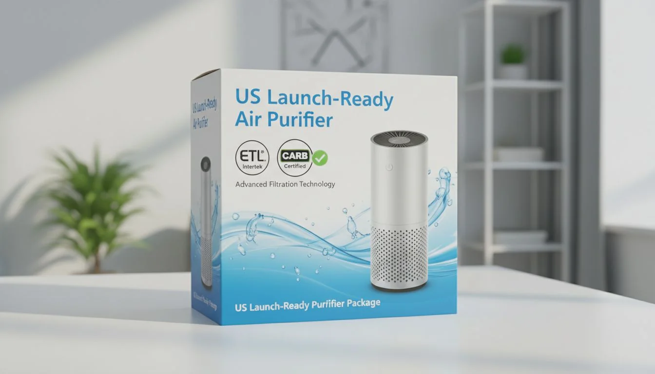 An image of a branded box labeled 'US Launch-Ready Air Purifier' with checkmarks next to ETL and CARB logos.