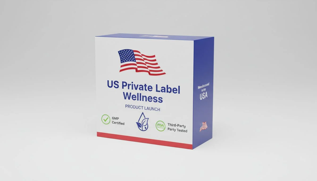A wellness product box with a US flag and compliance checkmarks.