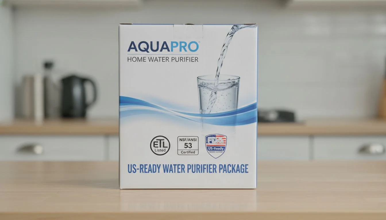 US-Ready Water Purifier Package A product box for a water purifier showing logos for ETL, NSF/ANSI 53, and FDA Food-Grade